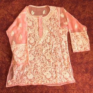Pink sheer kurta with white embroidered floal design
